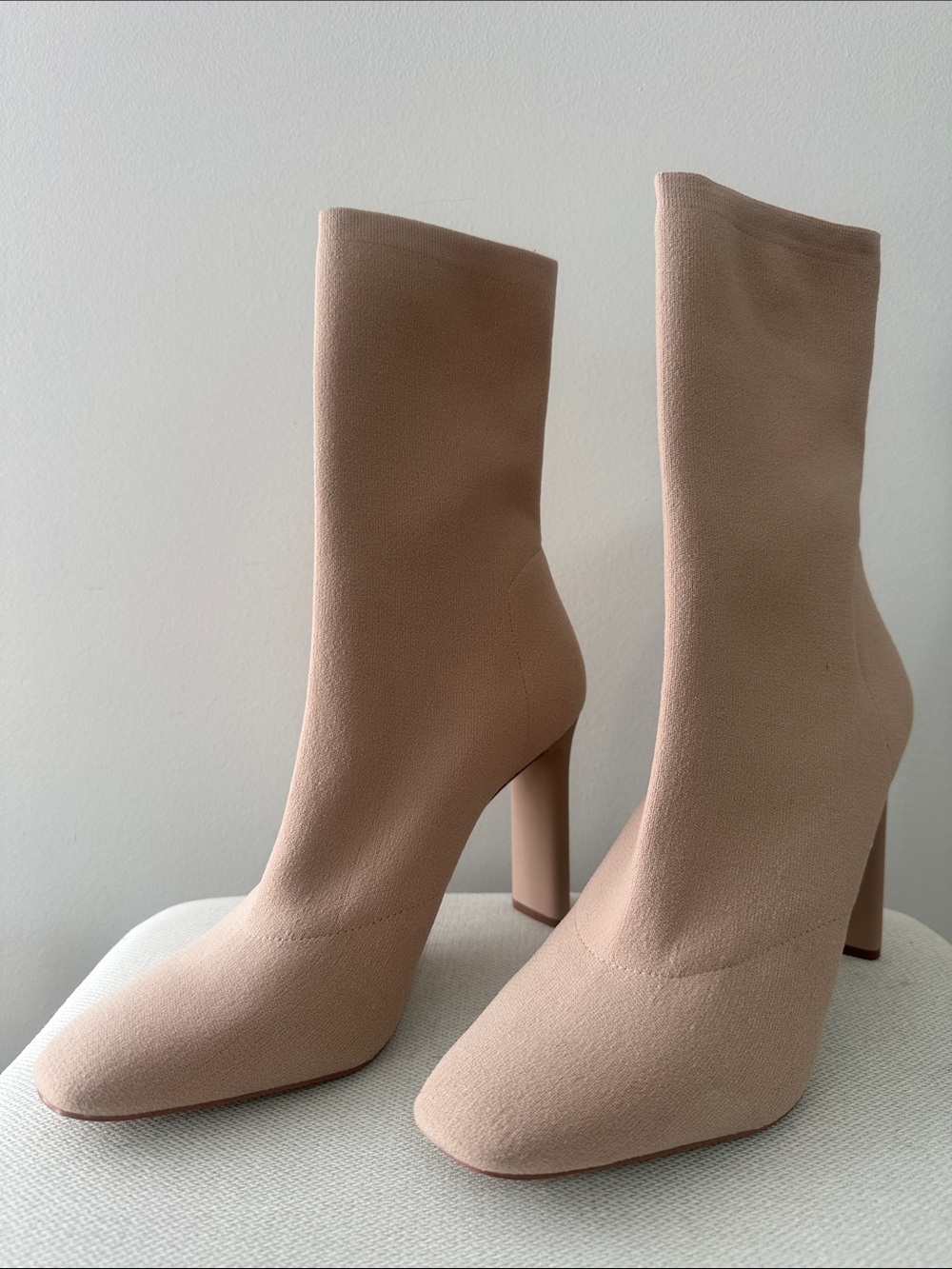 Aldo Nude Taupe Stretch Sock Heeled Ankle Boots